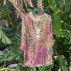 Chico’s beaded pure silk animal print tunic